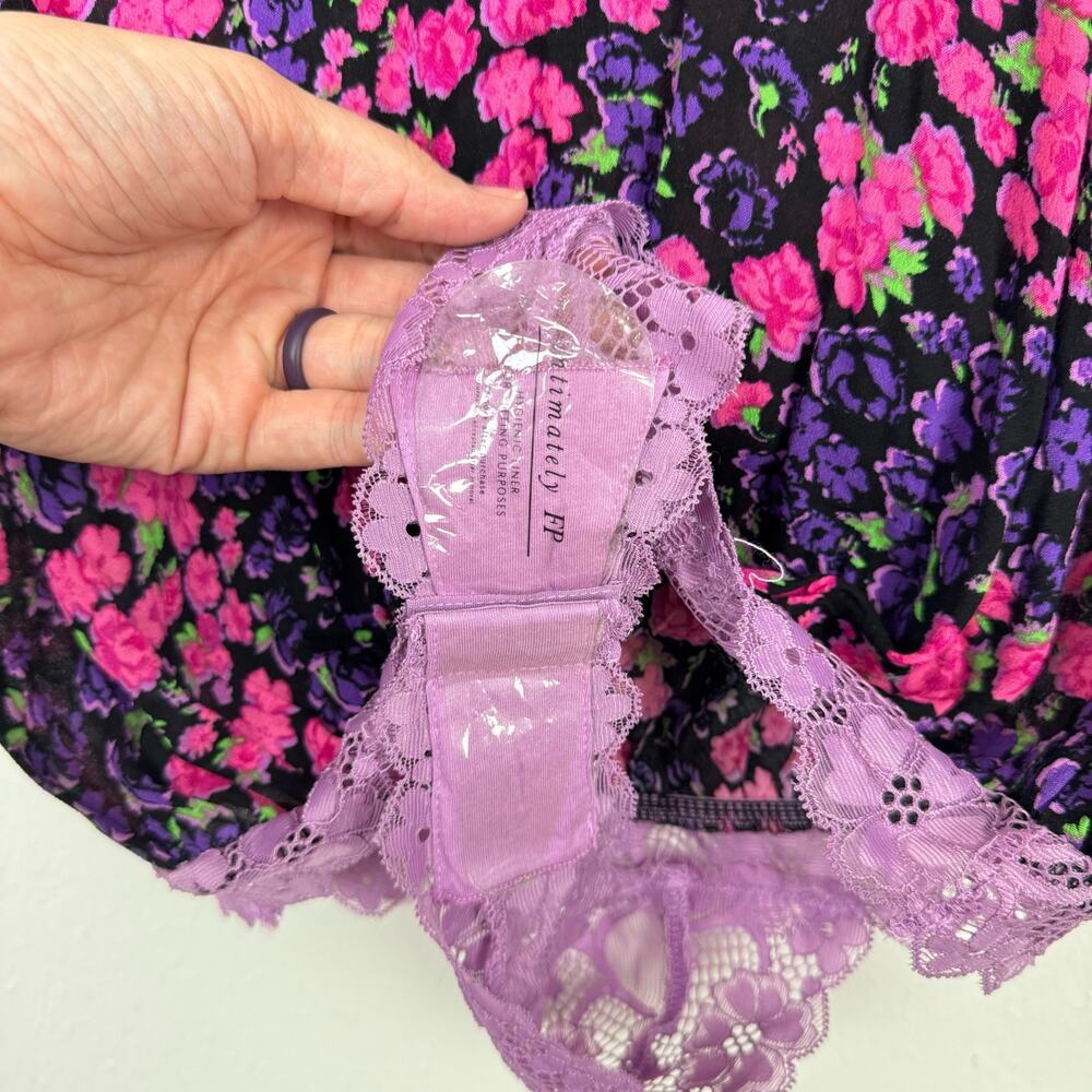 Free People | NWT Bare It All Purple Pink Floral Shoulder Tie Lace Tank Bodysuit - Picture 10 of 14